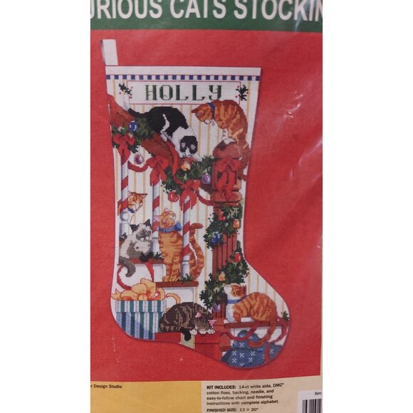 Donna Kooler Curious Cats Cross Stitch Stocking Kit Vintage Needlepoint NEW - Picture 2 of 4